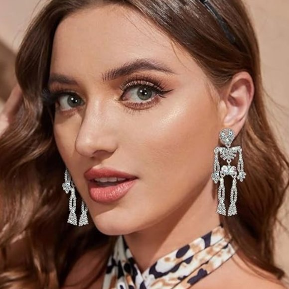 Skeleton AB Rhinestone Earrings Halloween New Large Silver Skull CZ Dangle Goth - Picture 5 of 5